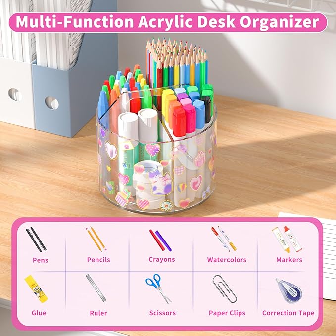 Wawocs Acrylic Pencil Organizer for Desk 4 Compartments with Adhesive DIY Sticker, Rotating Art Supply Organizer with Kawaii Sticker Kids, Spinning Round Marker Small Supply Caddy