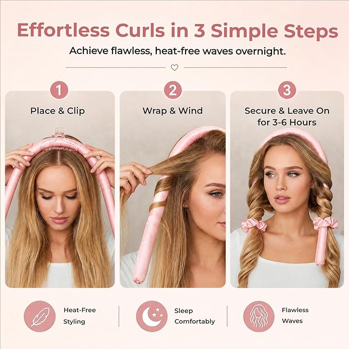 Heatless Curls Overnight,Hair Curlers to Sleep In,No Heat Satin Curling Rod Set Rollers,Sleeping Blowout Headband, Foam Curly Tie Ribbon Styling Tool for Long Hair