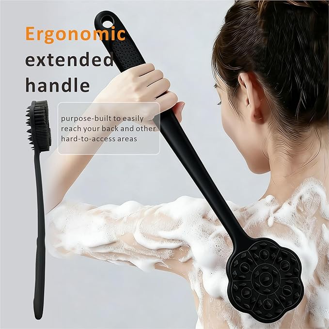 Back Scrubber & Face Scrubber Brush for Shower - 15 Inch Long Handle Double Sided Silicone Body Brush for Exfoliation & Massage, Soft Facial Cleansing Brush, Rich Lathering for Deep Cleansing (Black)