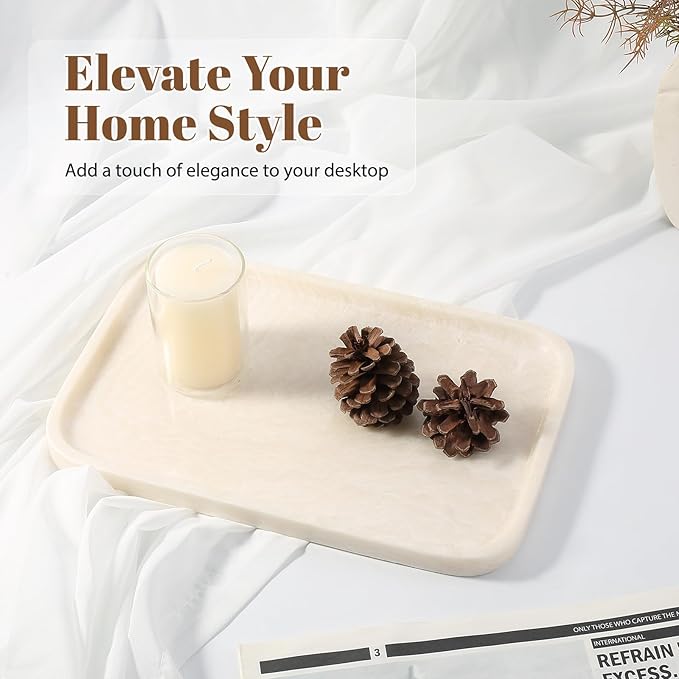 Koville Marble Tray, 12"x8" Marble Vanity Tray for Countertop Bathroom Kitchen Dresser, Decorative Catchall Trays for Perfume Jewelry, Rectangular Stone Serving Tray(Navona)