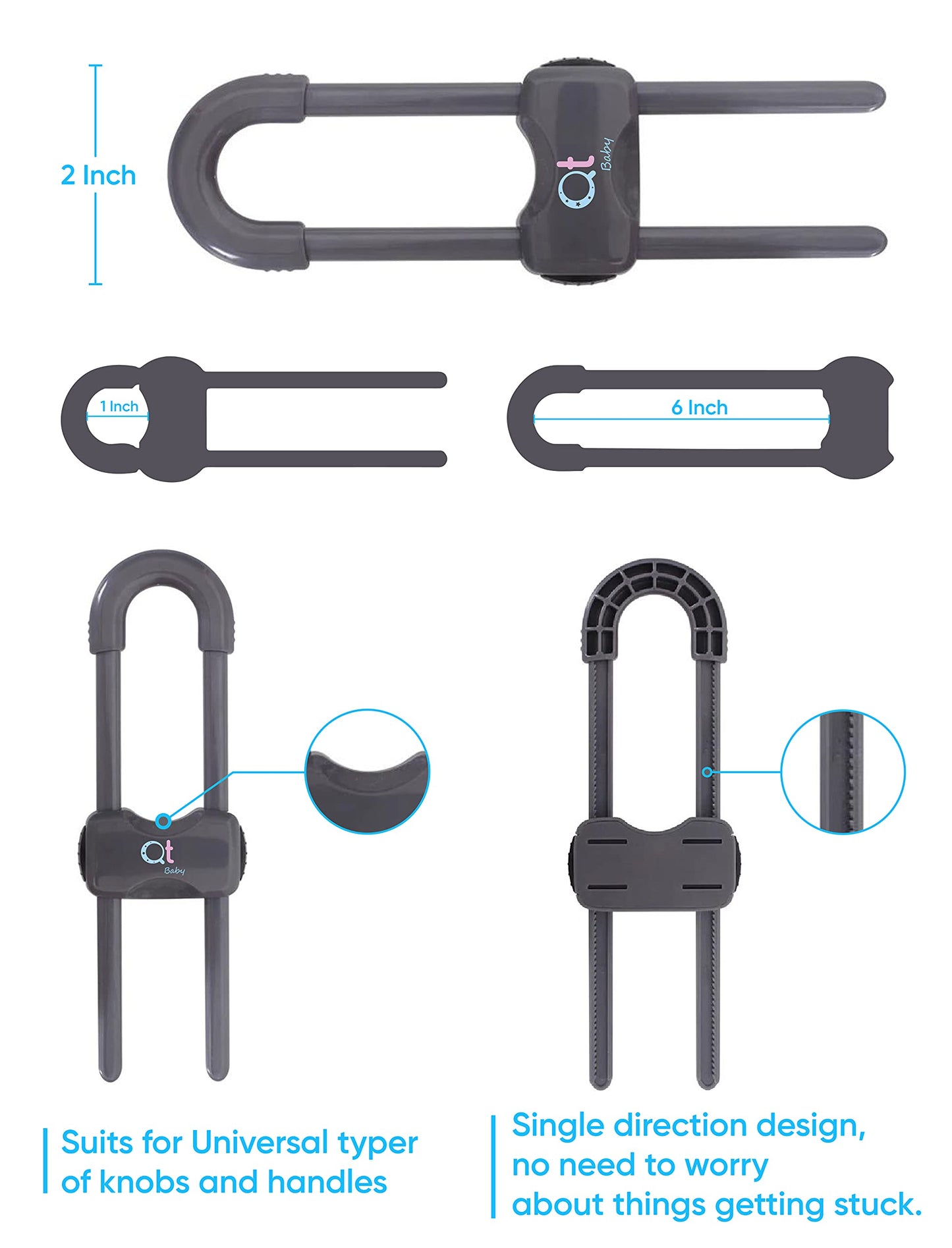 QT BABY Baby Proofing Cabinet Locks | Adjustable U Shaped Baby Safety Latches for Drawers, Fridge, Closet |Modern Baby Proofing Cabinet Lock with Extra Secure Lock Buttons (Pack of 8)