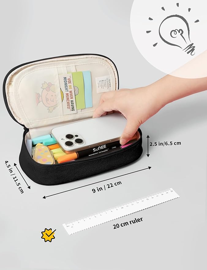 SUNEE Cute Pencil Case, Large Pencil Pouch, Soft Corduroy Aesthetic Big Pencil Bag with Zipper, Kawaii Stationery Storage and Organizer, School Supplies for Teen and Adult, Boys&Girls, Coal Black