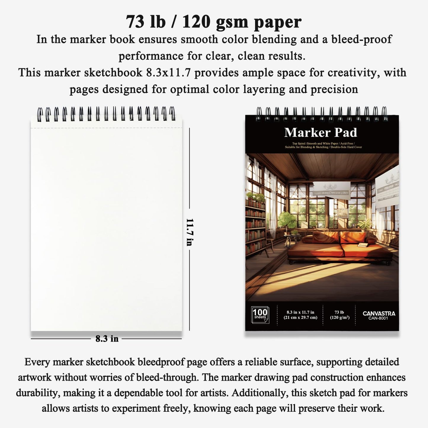 Marker Paper Sketchbook, 100 Sheets Alcohol Marker Paper, 73 lb/ 120 GSM (8.3x11.7 Inch) A4 Marker Sketchbook Bleedproof, Spiral Bound Marker Paper Pad, Sketch Pads for Drawing for Adults & Teens.
