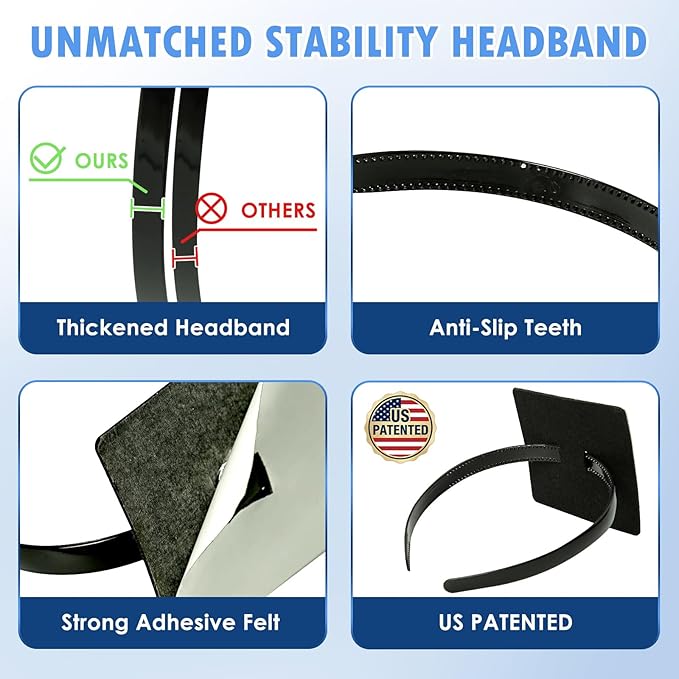 PUNCHMAN 2 Pack Graduation Cap Headband - Lightweight All-Day Comfort Grad Cap Headband Insert - Secure Grad Hat Holder for Curly/Thick Hair - Anti-Slip Removable Graduation Hair Accessories,Black