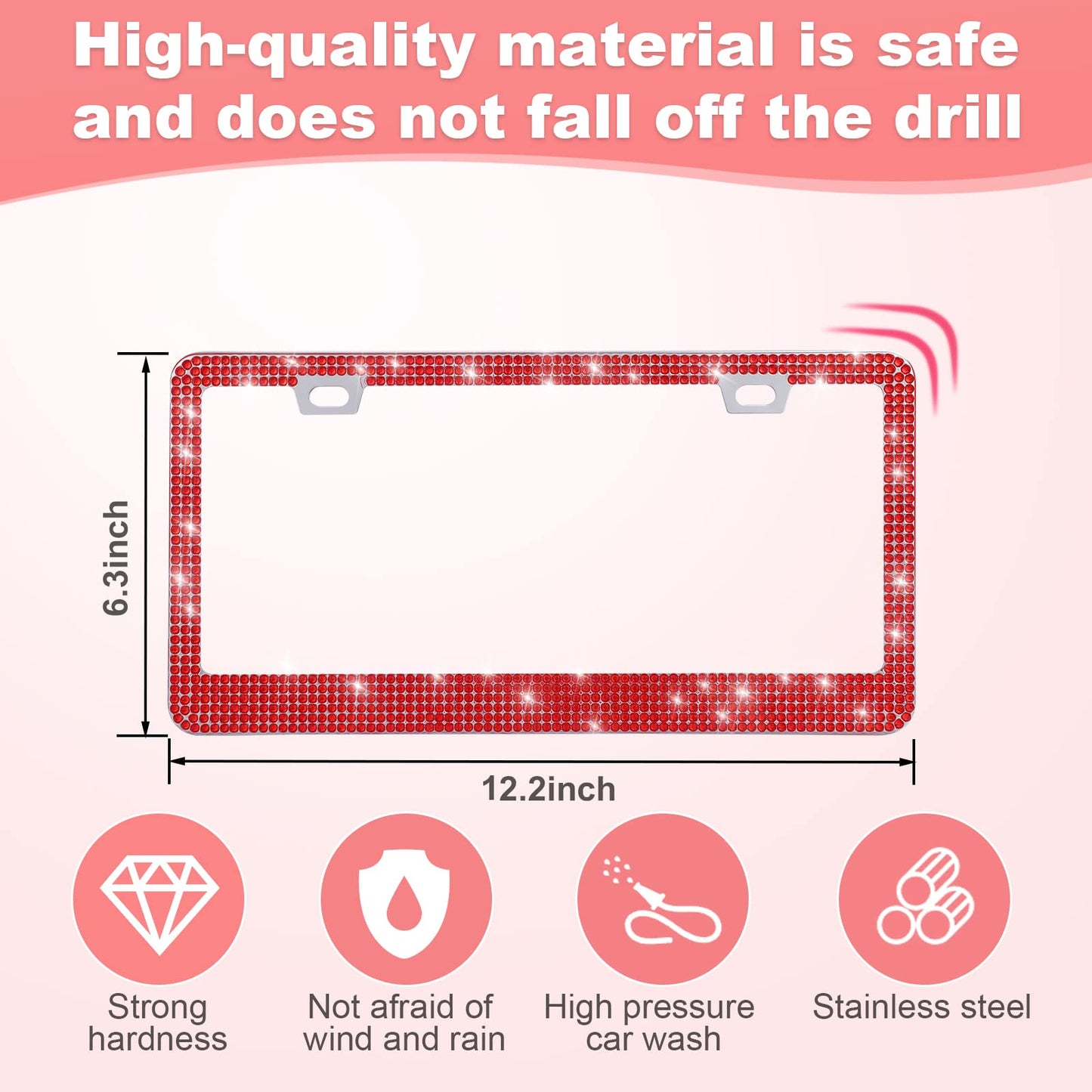 QUANQIUFEI 2 Pack Bling License Plate Frames for Women, Sparkly Rhinestone Diamond Car Accessories with Glitter Crystal Caps (Red)