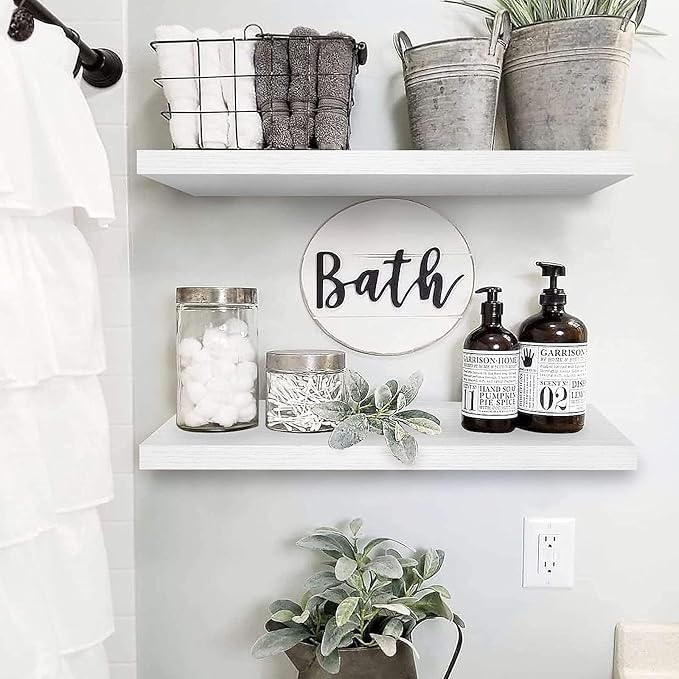 QEEIG Floating Shelves for Wall 23.6" Long - Wall Mounted Shelf Bathroom Kitchen Living Room Bedroom Farmhouse Home Decor Display Bookshelf Large 23.6 x 9.3 inch Set of 2, White (008-60W)