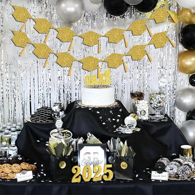 2026 Graduation Hats Decoration Banners Gold Glitter Graduation Cap with Tassel Banners Garlands Class of 2026 Graduate Party Banners for College High School Party Decorations