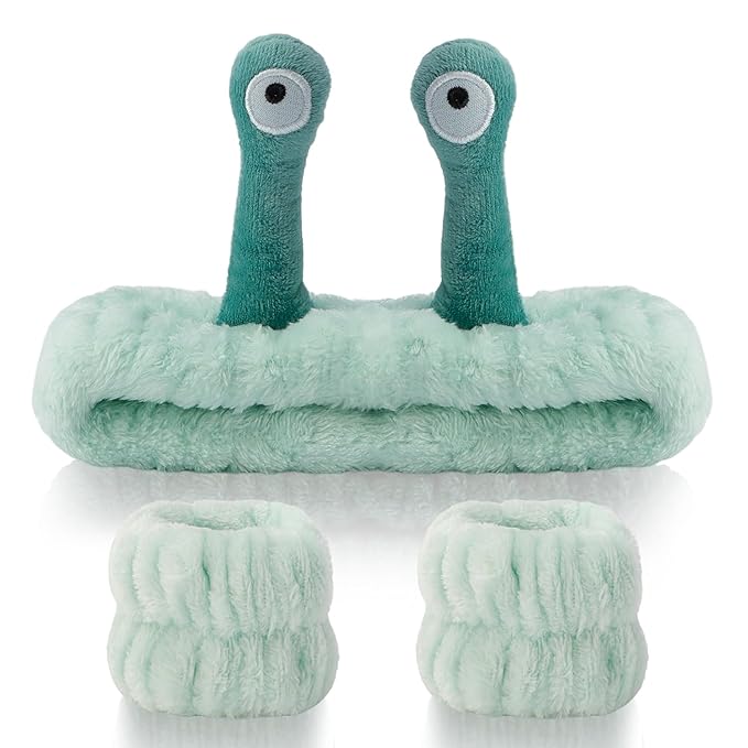 SuPoo 3pcs Snail Face Wash Headband and Wristband Set, Green, Puffy Microfiber Fleece Material, Cute Wrist Towels, for Spa, Sports, Yoga, Face-Washing, Makeup and Shower