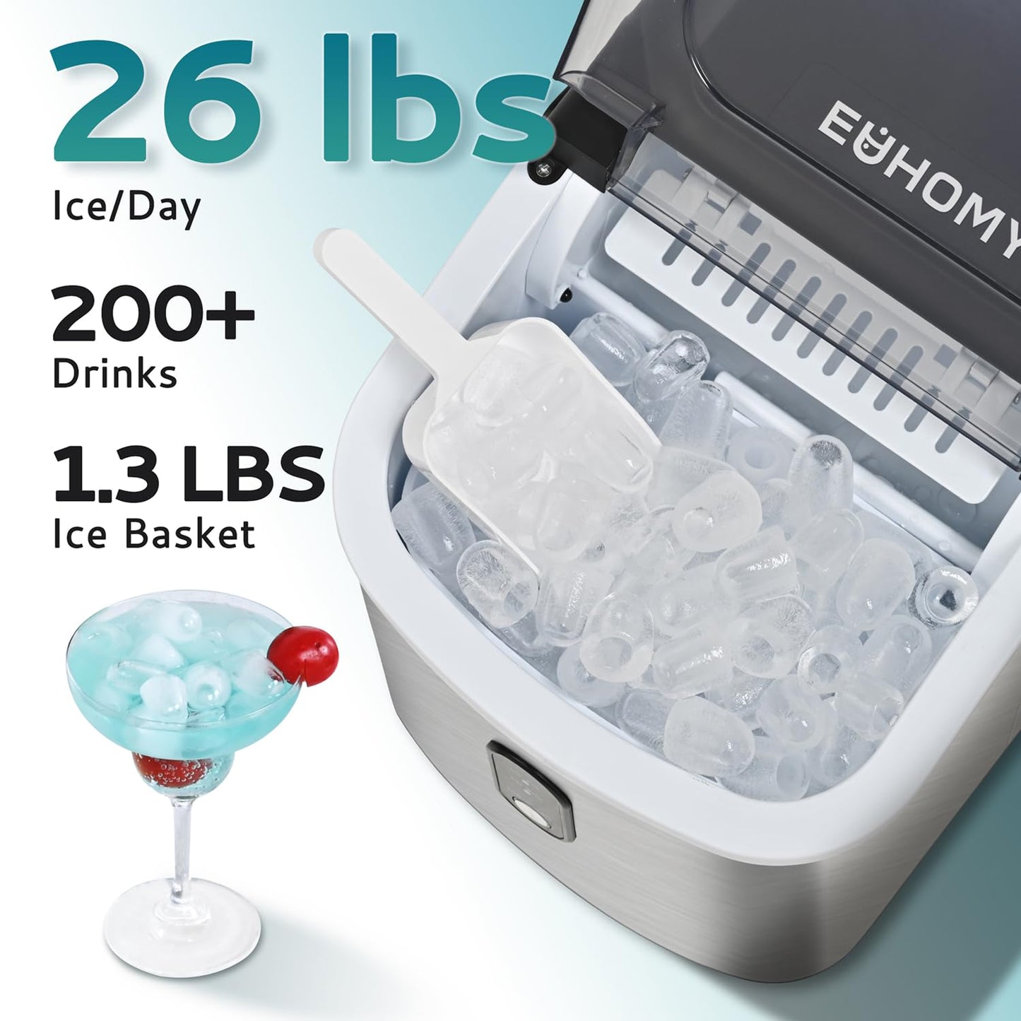 EUHOMY Ice Maker Countertop, Portable Ice Machine with Carry Handle, 26.5lbs Per Day, 9 Cubes in 6 Mins, Auto-Cleaning, with Basket and Scoop, for Home, Kitchen, Camping, RV