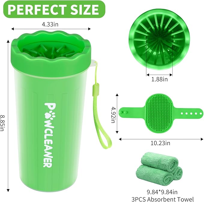 Professional 7 in 1 Dog Paw Cleaner for Dogs & Cats - Includes 1 Portable Paw Washer, 1 Bath Brush, 2 Dog Toothbrushes and 3 Absorbent Towels Note: Fits Paws 2.5 to 3.5 Inches Wide (Large, Green)