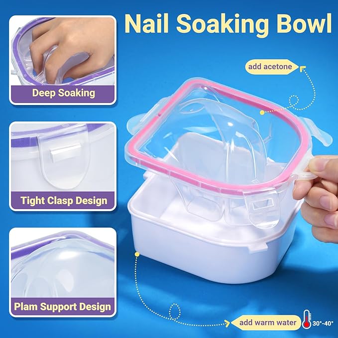 TsMADDTs 12 pcs Nail Soaking Bowl Acetone Gel Polish Remover Kit with 2 pcs Soak Off Bowls Manicure Bowls for Hands, Cuticle Remover Tools, Cuticle Oil, Files, Buffers, Brush, Dip Removal Kit