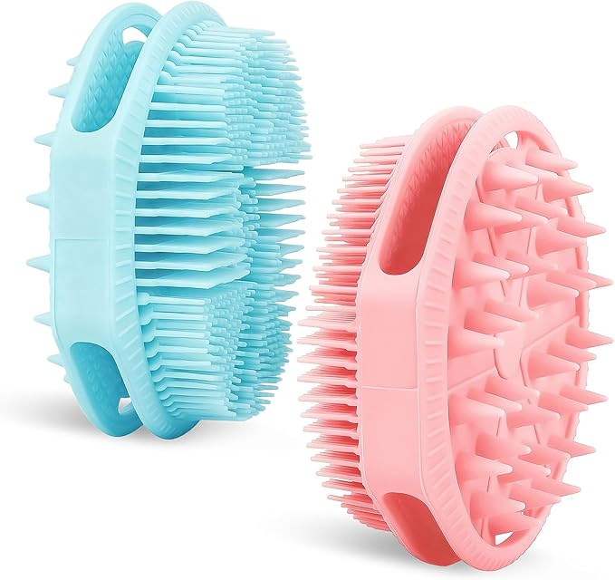 2-Pack Soft Silicone Dual-Sided Body Scrubber & Loofah | Gentle Exfoliating Shower Brush for Men & Women | Creates Rich Lather, Easy to Clean (Pink & Blue)