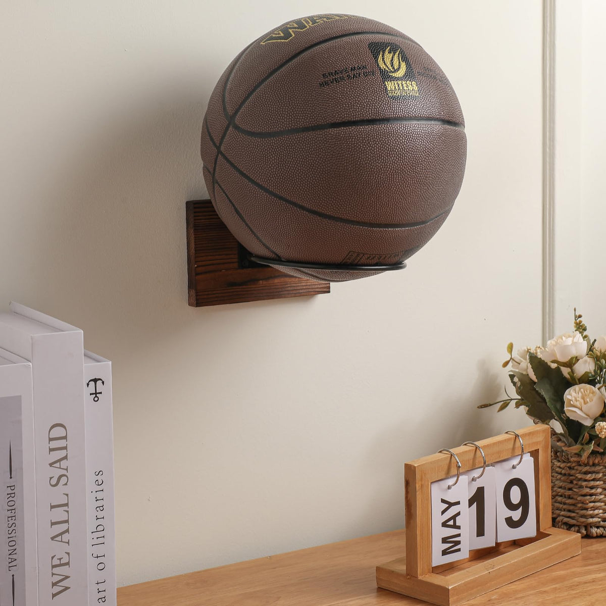 Threan 6 Pcs Ball Holder Wall Mount Ball Stand Display Storage with Wooden Base for Basketball Football Soccer Volleyball, Sports Accessories Organizer for Player Fans