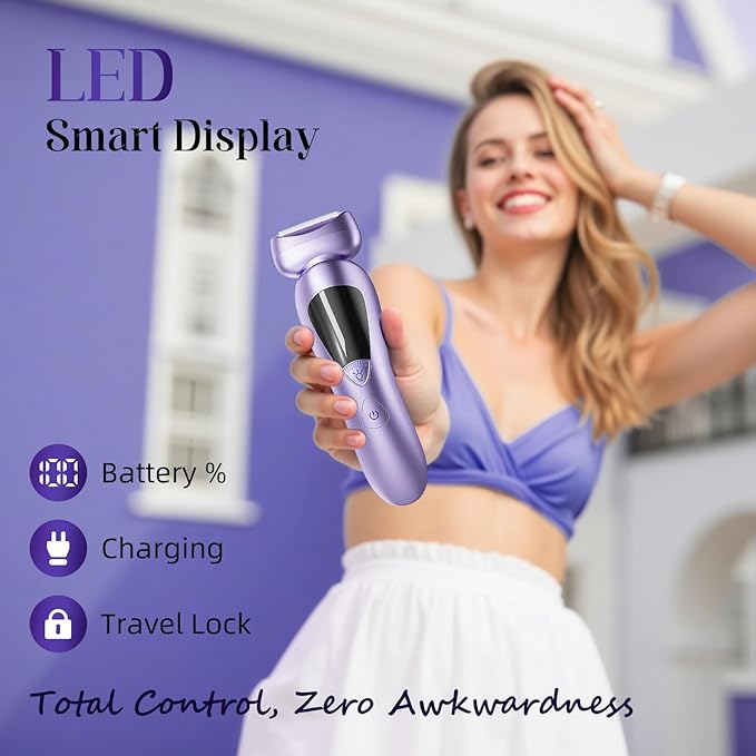 rategist Cordless Electric Razors for Women: Rechargeable Painless Bikini Trimmer for Body Hair - IPX7 Waterproof Shaver with LED Display for Face/Underarm/Leg Deep Purple