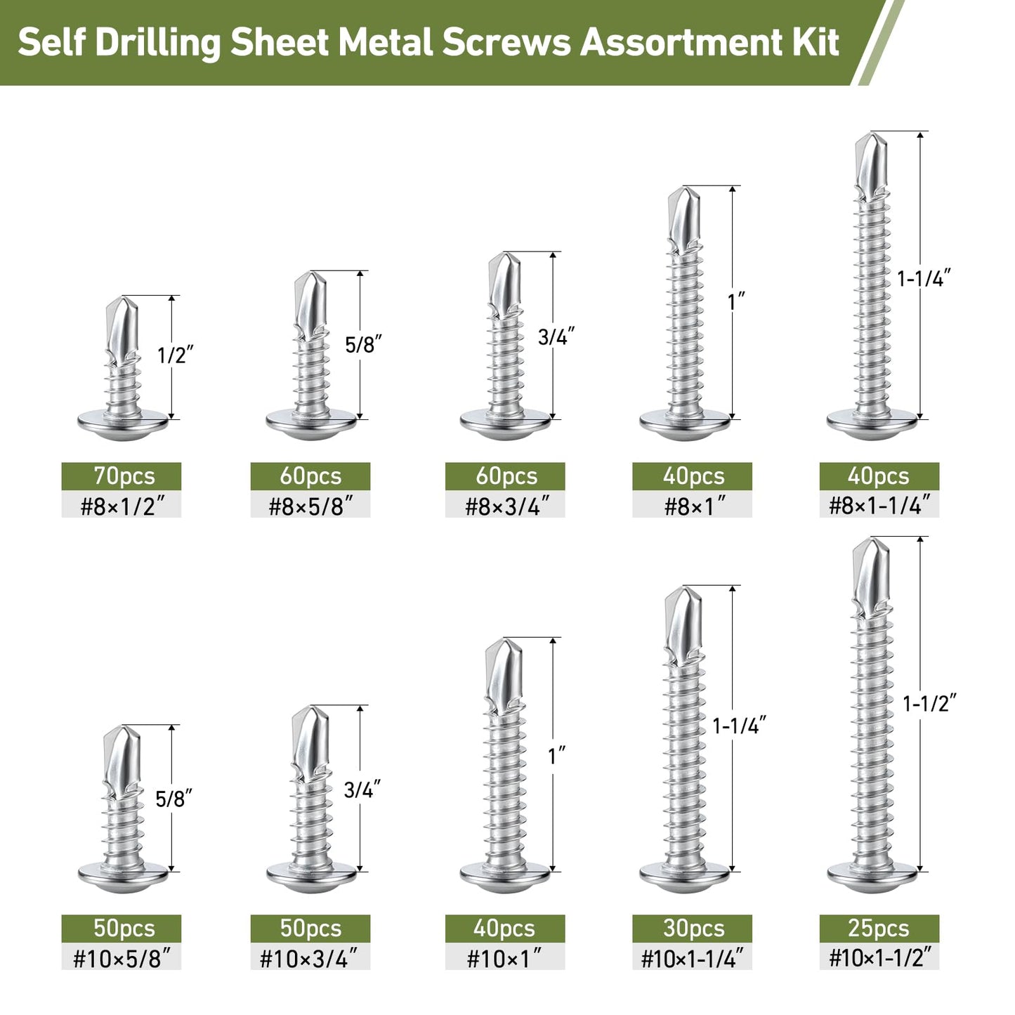 SVLING Self Tapping Screws Assortment Kit 465PCS, Modified Truss Head Sheet Metal Screws #8#10 1/2",5/8",3/4",1",1-1/4",1-1/2" Stainless Steel 410 Self Drilling Screw for Metal Wood Plastic