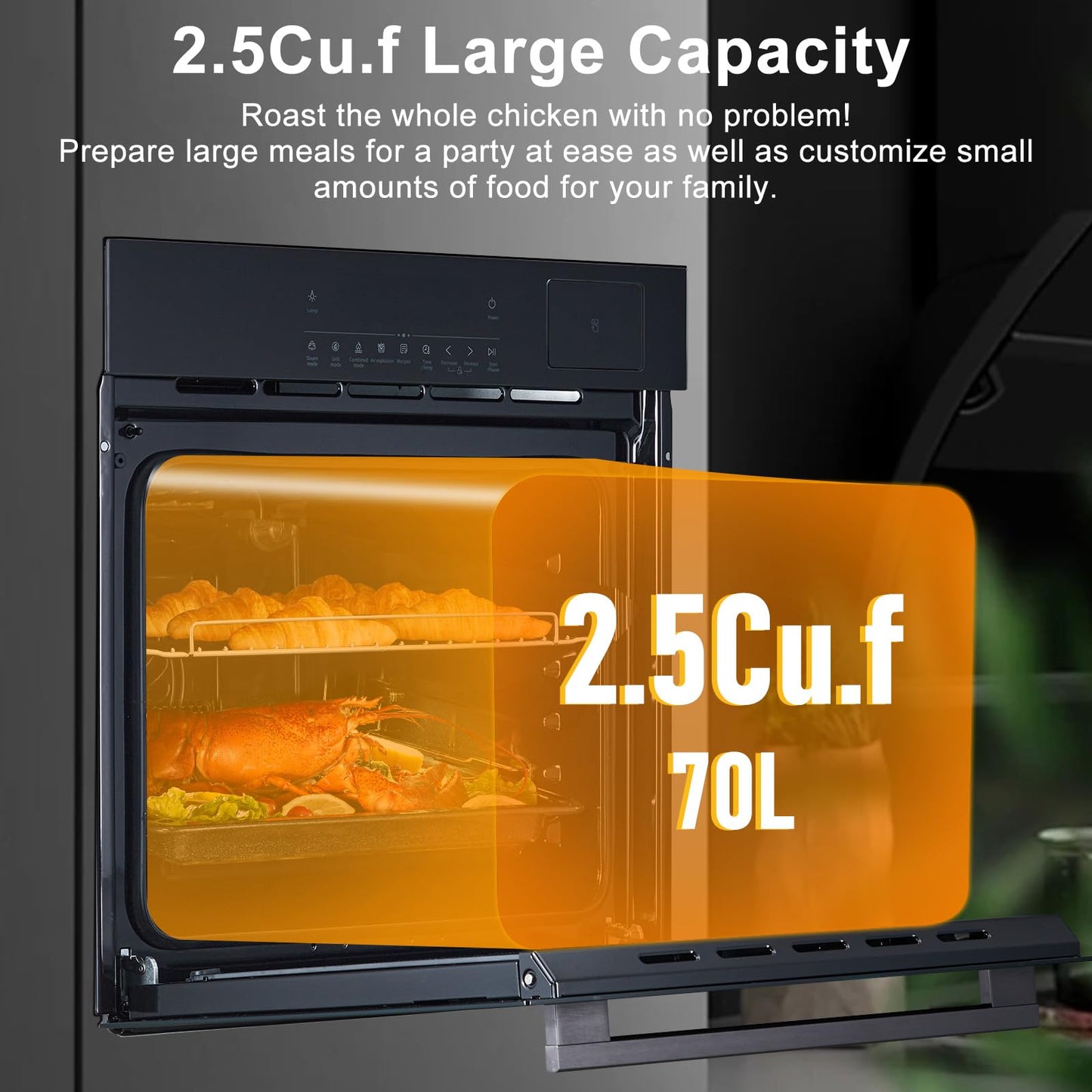 24 Inch Electric Wall Oven with Steam & Air Fry, 3000W High Power Convection, 2.5 Cu. ft Compact Built-in, Touch Control Digital Display, Multi-Function Cooking for Apartment, Shed, or Kitchen Remodel