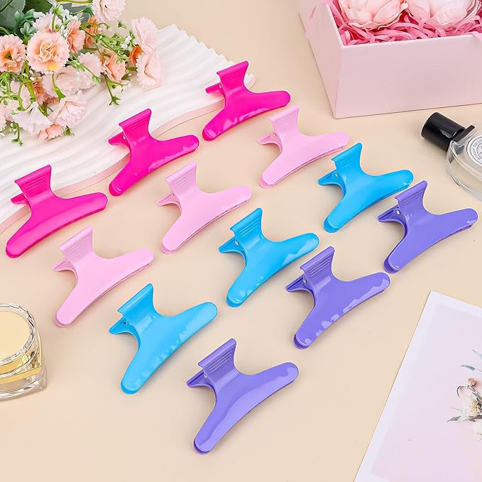Hair Clips for Styling Sectioning 12 Pack Pink Hot Pink Purple Blue Butterfly Clamps Hair Claw Clips Pro Salon Hair Clips for Styling, Sectioning, Cutting and Coloring
