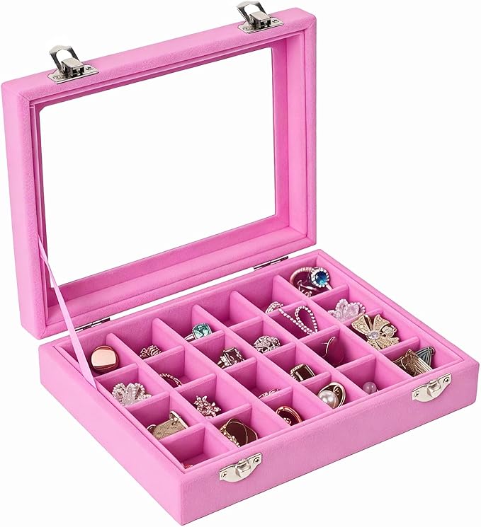 Velvet Jewelry Box 24 Grid Jewelry Earrings Display Organiser Box Ring Tray Holder Earrings Storage Case for Girls Wife Mom Women (Light Pink)