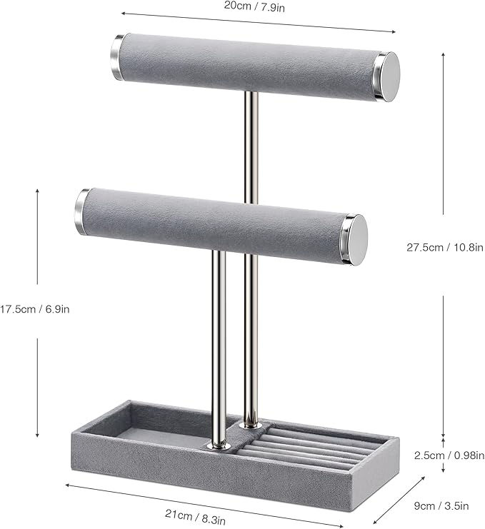 2 Tier Bracelet Holder Display - Detachable T Bar Grey Velvet Bracelet Holder, Jewelry Holder Organizer for Bracelet, Necklace, Earrings, Rings