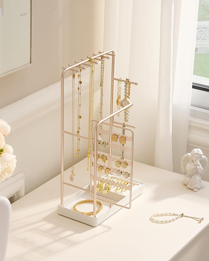 ProCase Jewelry Stand Holder Organizer, Jewelry Display Storage with Ring Tray, No-Assembly, Rotating Earring Bracelet Necklace Holder, Valentine's Gifts Room Dorm Decor for Teen Girls -Champagne