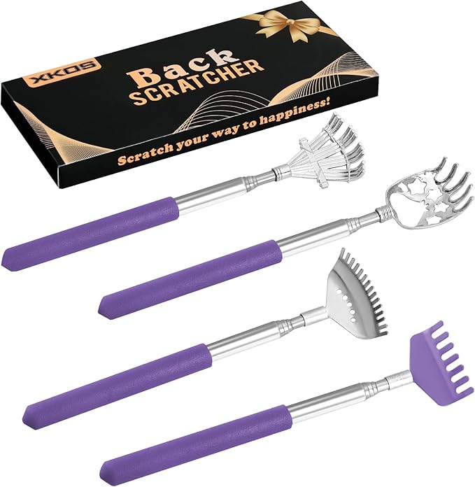 XKOS 4 Pack Different Back Scratcher Portable Telescoping with Rubber Handles, Extendable Metal Back Massager Tool with Beautiful Box, Stocking Stuffers for Men Women Adults (Purple)