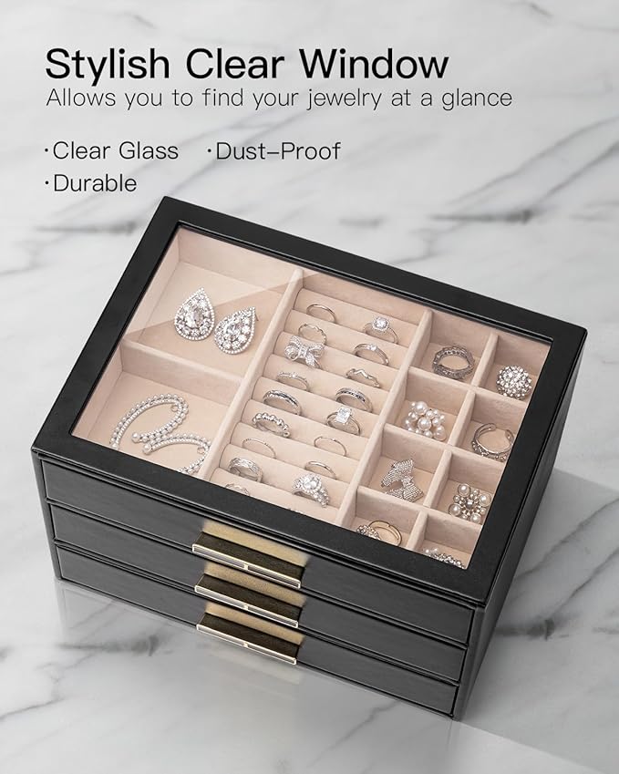 Vlando Jewelry Box for Women, Glass Lid Jewelry Organizer with 3 Drawers for Necklaces Rings Earrings Bracelets - Black