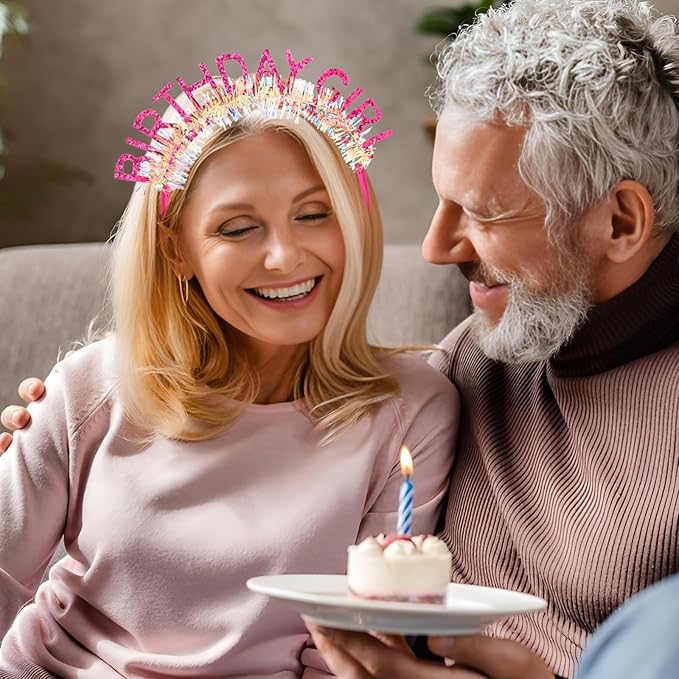 CIEHER Birthday Headband Birthday Crown for Women Birthday Tiara Rose Pink