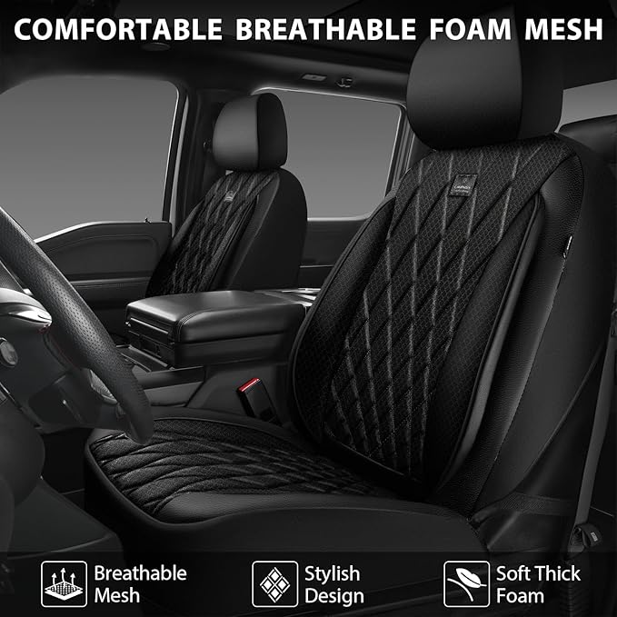 CAR PASS Thick Foam 3D Air Mesh Leather Car Seat Covers Front Seats Only, Luxury Breathable Premuim PU Leather Two Front Seat Covers,Airbag Compatible Universal Fit for 95% Sedan Van Truck SUV, Black