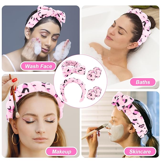 CAVETEE 6 Pack Spa Headband for Washing Face, Makeup Headband for Washing Face, Cute Puffy Bubble Headband Bow Tie Spa Headband with Washing Face Wristband Set for Women Girl