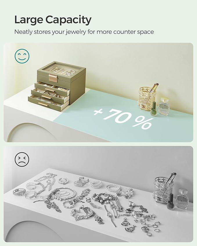 SONGMICS GISELLA Collection - Jewelry Box Organizer, 4-Layer Jewelry Storage with 3 Drawers, Shiny Metal Hardware, Glass Lid, Modern, 8 x 9.1 x 6.5 Inches, Avocado Green and Gold Color UJBC173C02