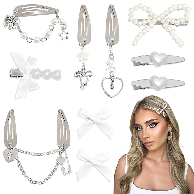 10PCS Y2K Hair Accessories Elegant Pearl Heart Hair Clips Satin White Small Hair Bows Metal Dangle Bowknot Barrettes for Hair
