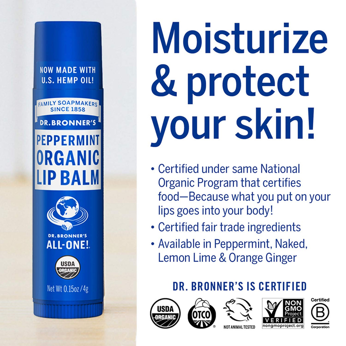 Dr. Bronner's - Organic Lip Balm (Peppermint, 0.15 ounce, 6-Pack) - Made with Organic Beeswax and Avocado Oil, For Dry Lips, Hands, Chin or Cheeks, Jojoba Oil for Added Moisture, Cooling and Hydrating