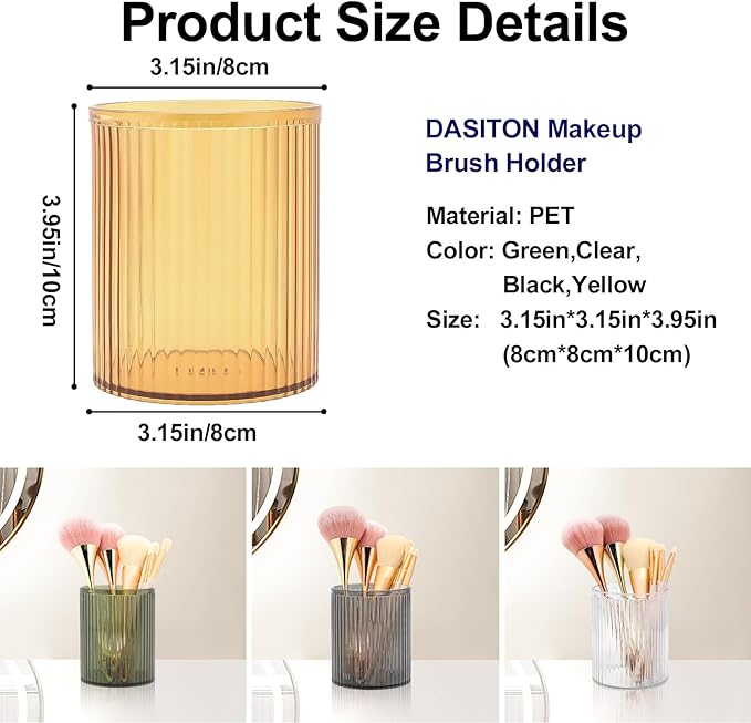 DASITON Makeup Brush Holder Organizer, Acrylic Makeup Brush Cup, Vintage Striped Make Up Brush Holder for Vanity, Bathroom Countertop, Toothbrush Holders, Pen Holder for Desk Storage (Yellow)