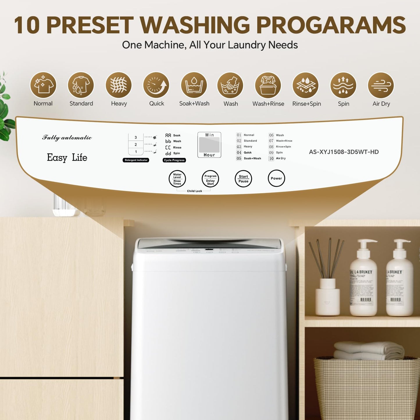 NEWBULIG 1.06 Cu.Ft. Portable Washing Machine, 7.7LBS Full-Automatic Laundry Washer with Stainless Steel Drum, 10 Wash Cycles & Auto-Balance, Compact Washer for Apartment RV Dorm Camping, White
