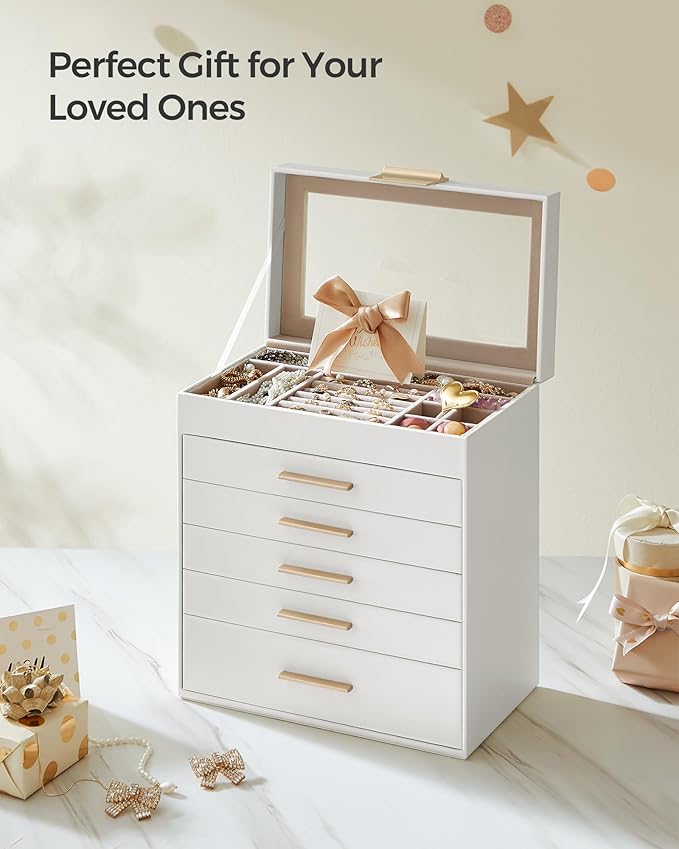 SONGMICS GISELLA Collection - Jewelry Box Organizer, 6-Layer Jewelry Storage with 5 Drawers, Shiny Metal Hardware, Glass Lid, Modern, 6.4 x 9.9 x 11.4 Inches, Cloud White and Gold Color UJBC171W01