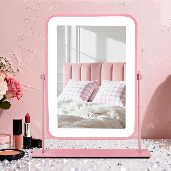 YEKKOPT Portable Desk Vanity Mirror with Lights,11"ÃÂ9" Small Pink Rechargeable Makeup Mirror with Lights,Smart Touch Screen with 3-Color Lighting,Dimmable,for Dorm Tabletop,Bedroom,Decor
