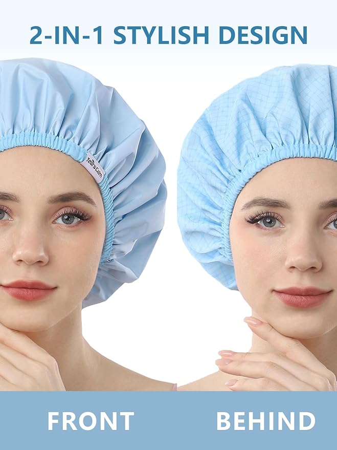 Years calm Shower Caps for Women Reusable Waterproof, Double Layer Waterproof Fabric - Both Sides Usable, Reversible Pattern & Solid Color Design, Soft Elastic Keeps Hair Dry for shower Spa Travel