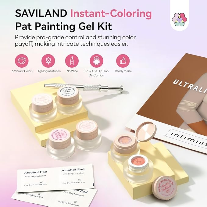 SAVILAND Cushion Patting Gel Polish Kit: 6 Colors Pat Gel UV LED Painting Gels with 100PCS Sponges for Nail Art Pigmented No Wipe Ombre Gels Polish Blooming Blush Aura Nails for DIY Home Salon