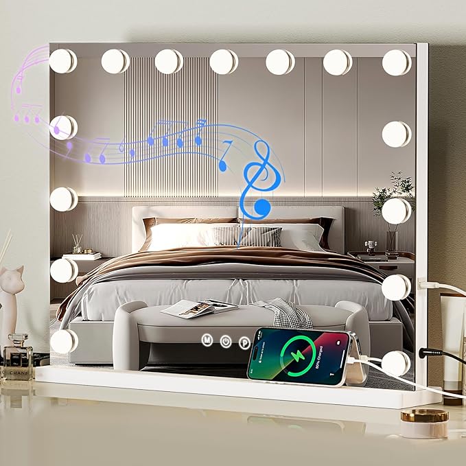 Vanity Mirror with Lights and Bluetooth, 23"X18" Hollywood Mirror for Desk/Wall-Mount, 3 Color Modes Light up Mirror with 15 LED Bulbs USB Charging Port and 10X Magnification, Gifts for Women