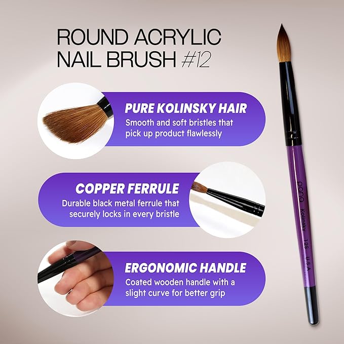 PANA Pure Kolinsky Hair Acrylic Nail Brush - Round Shape Black Ferrule with Purple Wood Handle (Size 12) - for Acrylic Nail Application Nail Extension Manicure Pedicure Salon Beginner and Professional