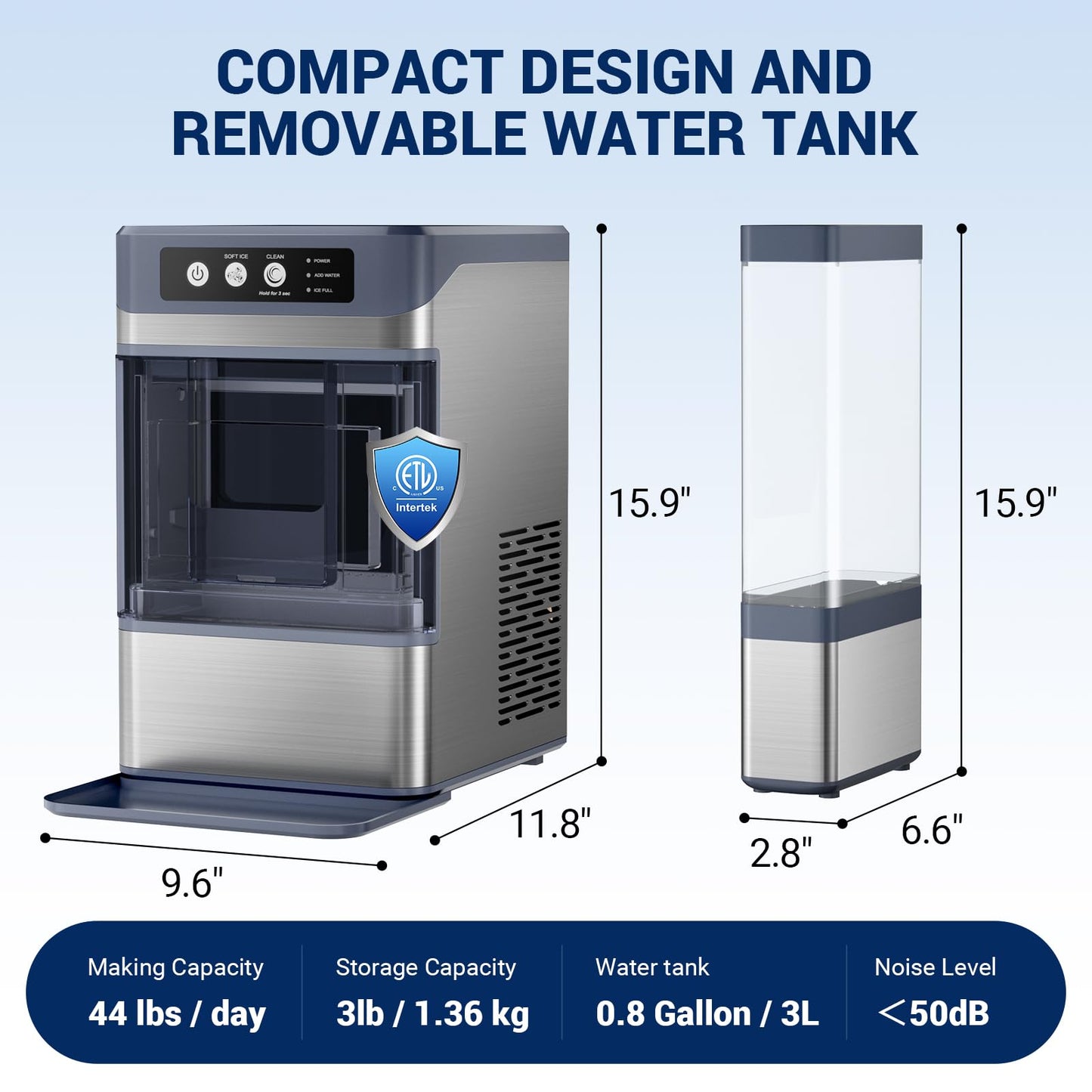 Nugget Ice Maker Countertop, 44lbs/24H with 0.8 Gallon Tank, Chewable Soft Pellet Ice Ready in 5 Mins, Stainless Steel Countertop Ice Maker with Self-Cleaning for Home, Office, RV