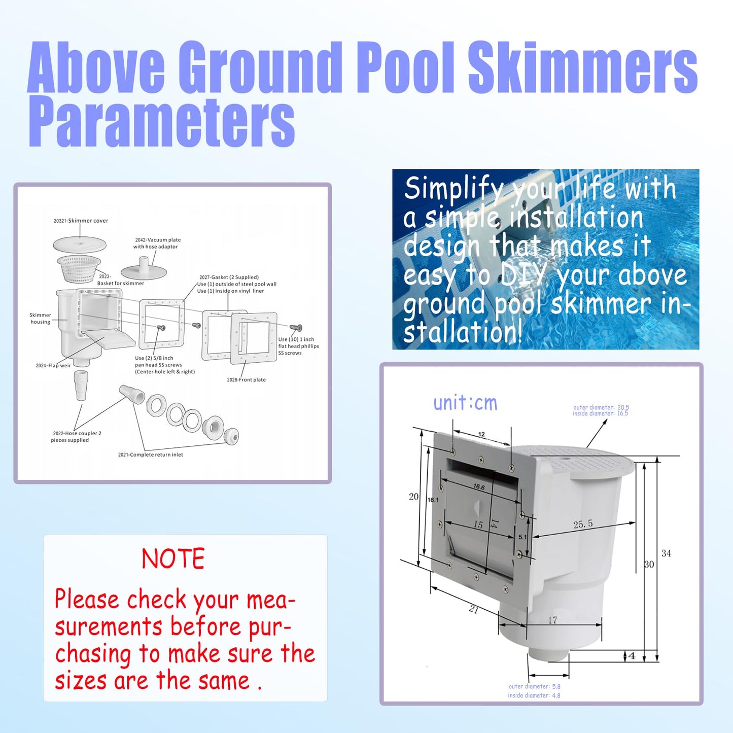 Above Ground Pool Skimmer,Thru-Wall Skimmer,Above Ground Pool Skimmer（With Accessories）Opening Width 6 Inches,Compatible With All Standard Pool Wall Openings,Replace SP1091LX Above Ground Pool Skimmer