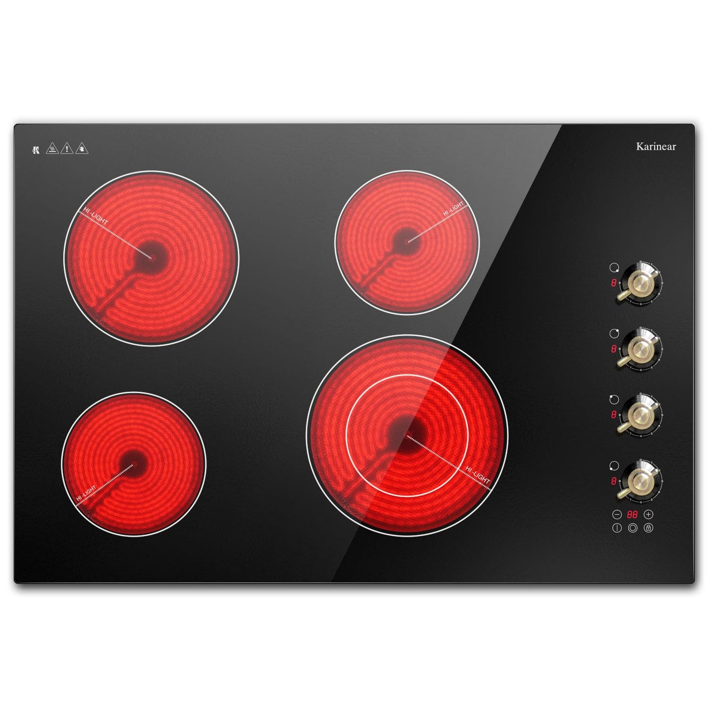 Karinear Electric Cooktop 30 Inch, 4 Burners Electric Stove Top, Built-in Radiant Cooktop with Expandable Burner, Knob Control, Safety Lock, Timer, 6700W 220~240V Hard Wired(No Plug)