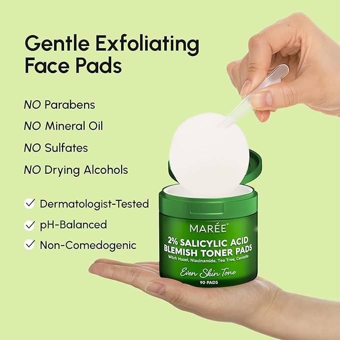 MAREE Blemish Acne Clearing Polishes - Daily Facial Radiance Toner Pads - Witch Hazel Pads Acne Face Toning - Acne Skin Care with BHA Salicylic Acid - Blemish Clearing Witch Hazel Device