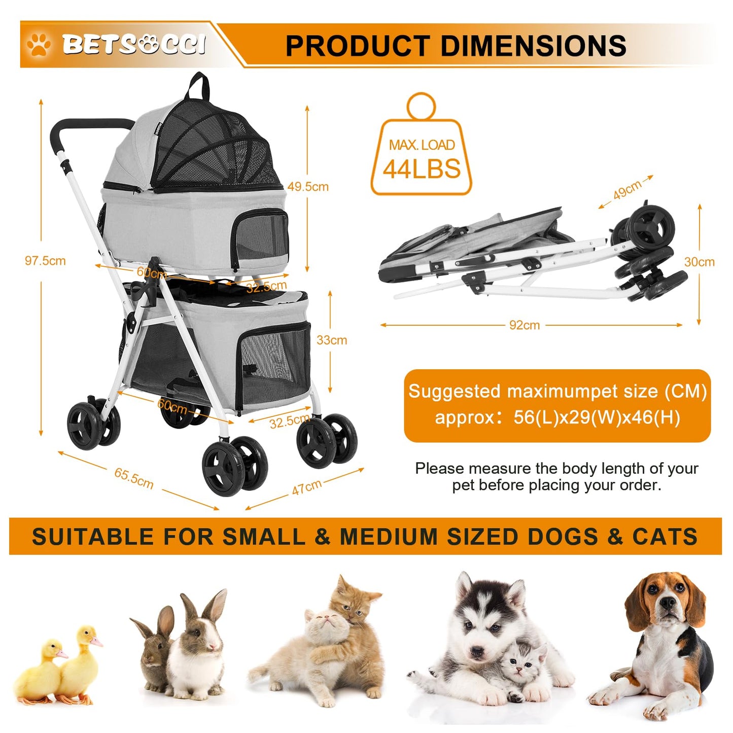 BETSOCCI Double Dog Stroller with 2 Detachable Carrier, Portable Pet Stroller for Small Dogs & Cats Folding Lightweight Puppy Travel Carriage, 4 Wheels, Grey