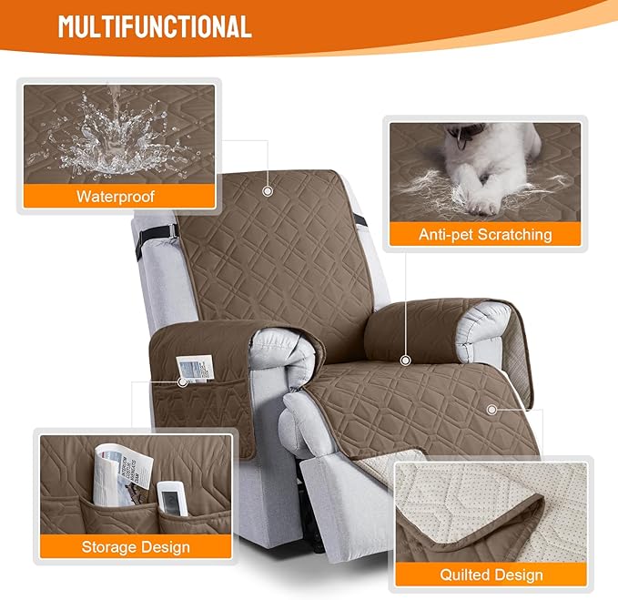 VANSOFY 100% Waterproof Recliner Chair Covers, Recliner Cover Non-Slip Dog Chair Cover Furniture Protector Washable Slipcover with Pocket, Elastic Straps for Pets, Dogs(Brown, 20")