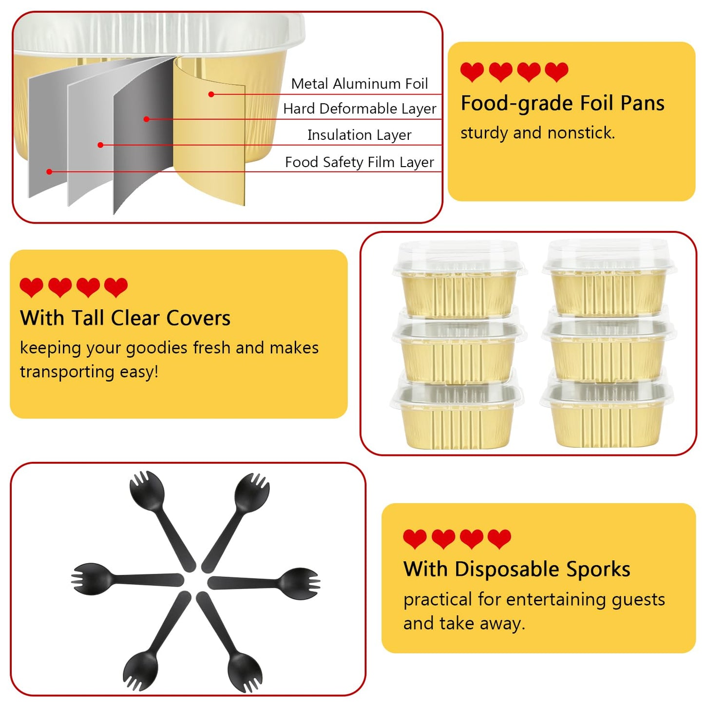 Large Cupcake Liners Aluminum Pans With Lids 40 Pack,LNYZQUS Square 10oz Small Cake Muffin Tin,Disposable Ramekins Baking Pan Containers For Brownie Mini Cake Bread Dessert-Gold