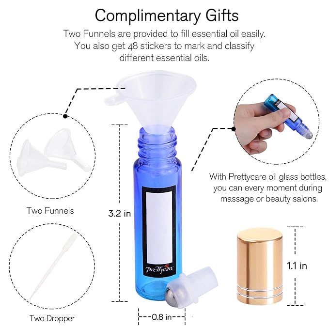 PrettyCare 24 Pack, 10 ml Essential Oil Roller Bottles with Stainless Steel Roller Ball - Refillable Leak-proof Empty Thick Rainbow Glass Roll on Bottles with Metal Caps for Travel, Perfume