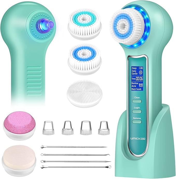 UMICKOO Face Scrubber Exfoliator,Facial Cleansing Brush Waterproof with LCD Screen,Blackhead Remover Vacuum with 5 Brush Heads,Face Spin Brush for Exfoliating, Massaging and Deep Pore Cleansing