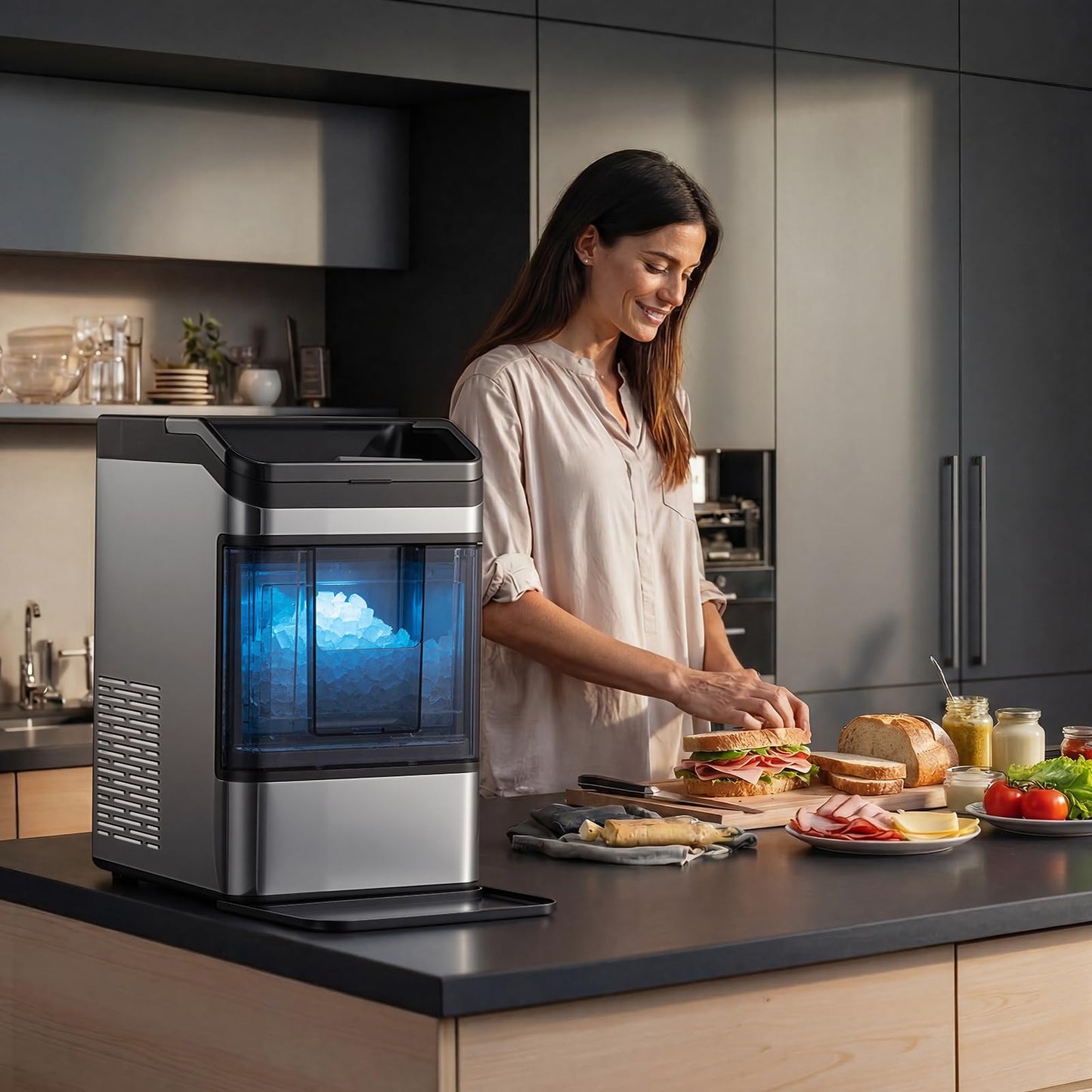 Hxgexin Nugget Ice Maker Countertop, 48LBS/24H Chewable Pellet Ice Maker with 0.8 Gal Water Tank, 5 Mins Fast Ice Making, Self-Cleaning Chewable Ice Machine with Low Noise for Home, Office, Bar